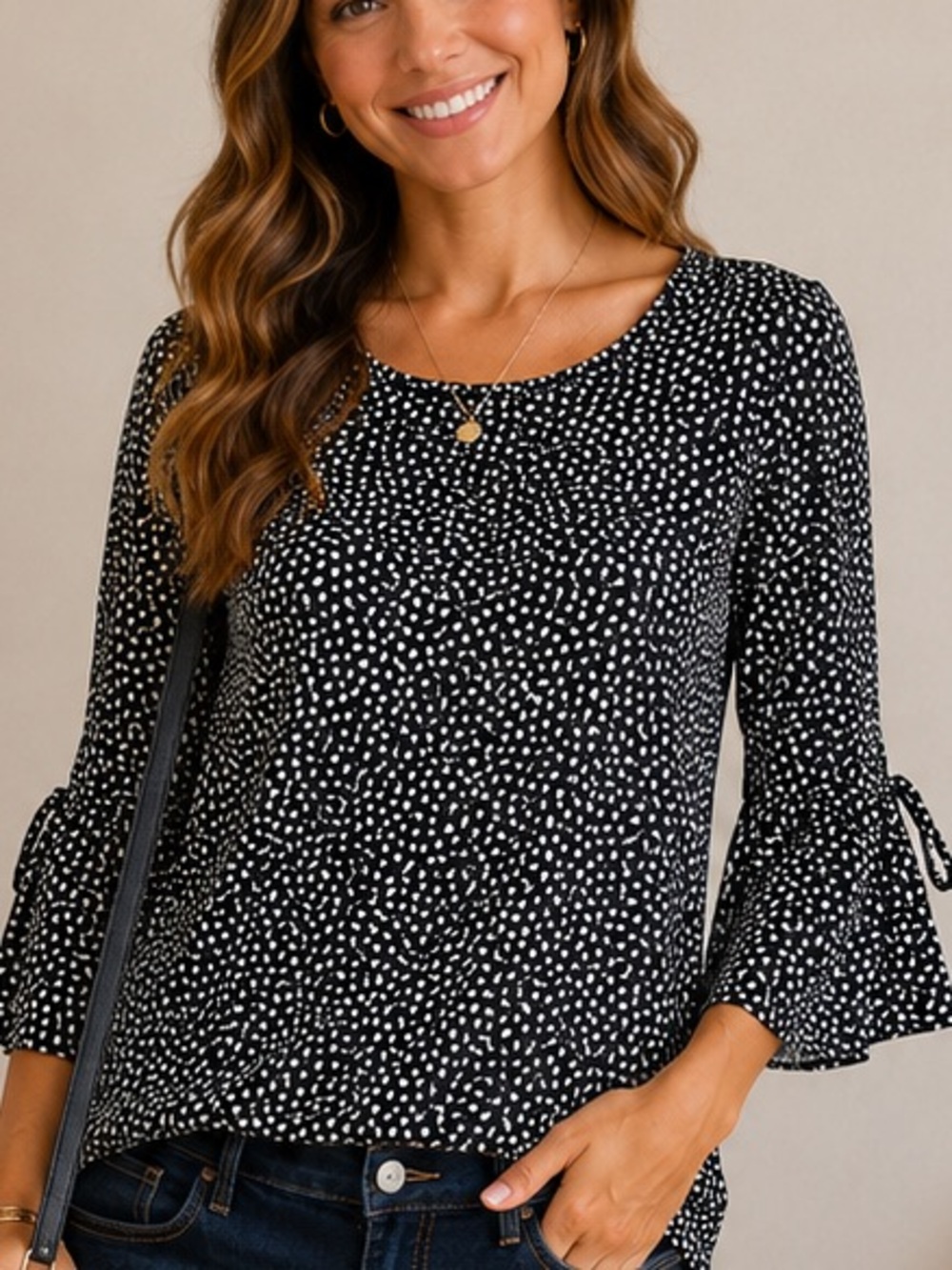 Black & White Dot Tie-Sleeve Blouse Zac & Rachel